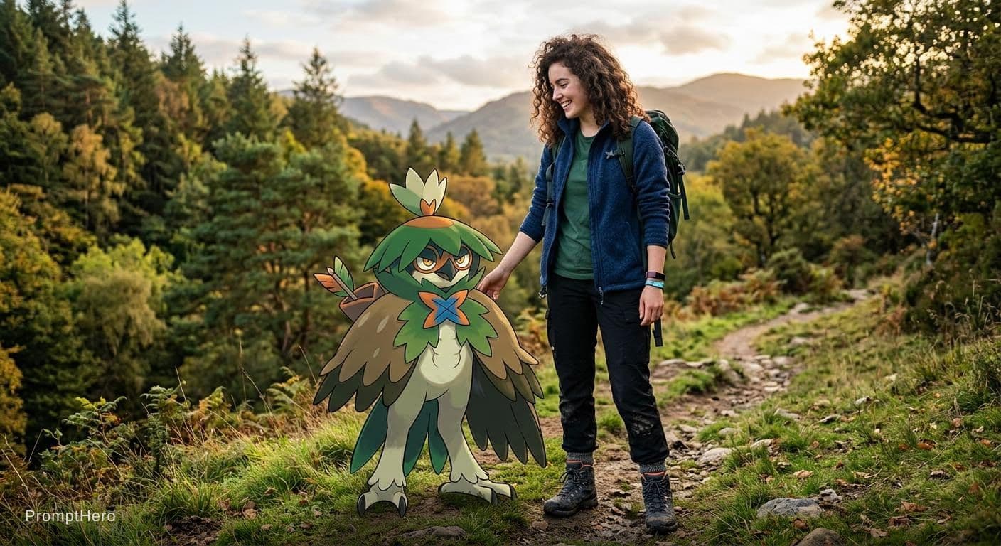 AI generated: a decidueye with a trainer wearing a blue fleece a green top black walking trousers and walking boot...