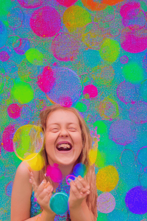 AI generated: a girl, laughing, surrounded by  colorful water bubbles
