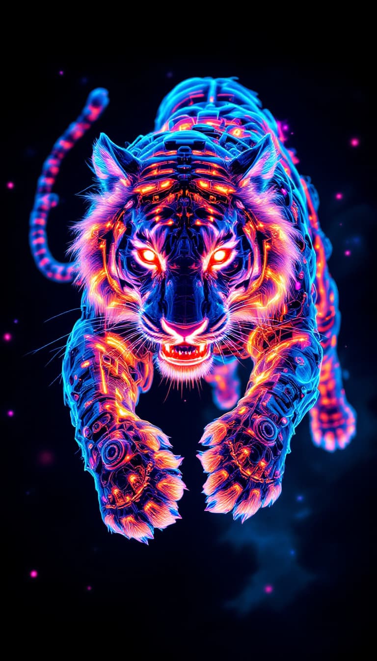 AI generated: Image is a digital artwork featuring a  "Steampunk Spectralis Hippie Tiger Mechina", leaping towards...