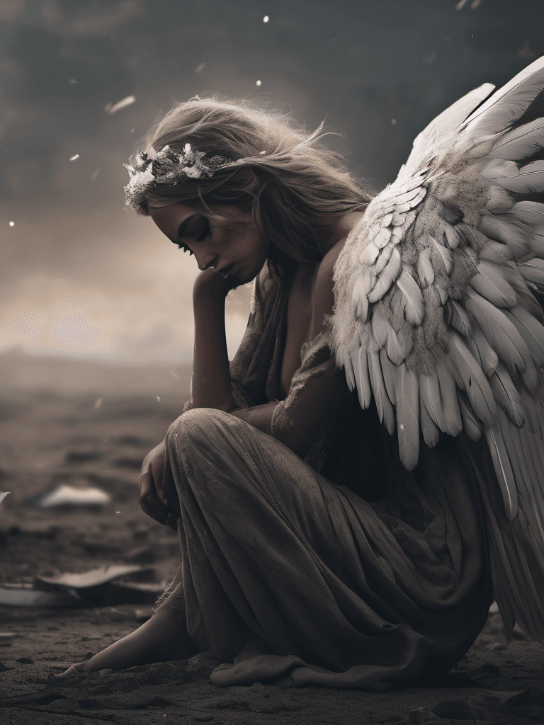 AI generated: A disfigured angel embracing a lost soul in a desolate wasteland, muted colors, shattered halos, and...