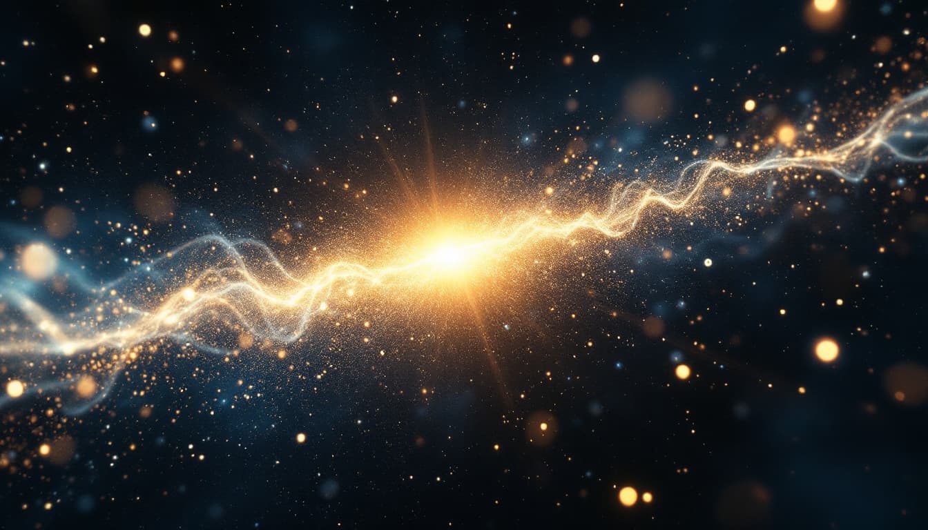 AI generated: Medium Shot : Particles stream between them, glowing in the void. Camera: Slow push-in. 