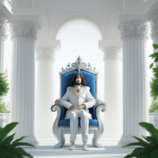 AI generated: Handsome King Charles sitting on a throne, White palace, bright, pillars, purity, plants, flowers, b...