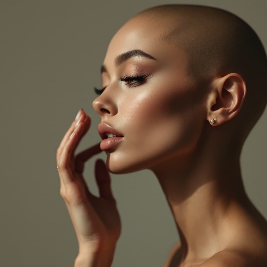 AI generated: Profil of a bald Caucasian woman with delicate and elegant features, soft matte skin and subtle make...