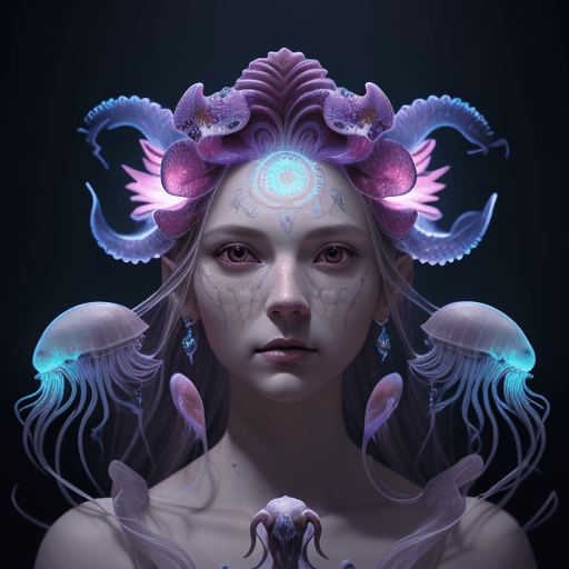 AI generated: Goddess close-up portrait ribcagel. jellyfish phoenix head, nautilus, orchid, skull, betta fish, bio...