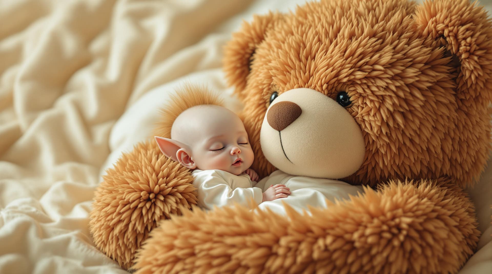AI generated:  in the arms of a cuddly, oversized teddy bear, a beautiful and cute extraterrestrial baby with an e...