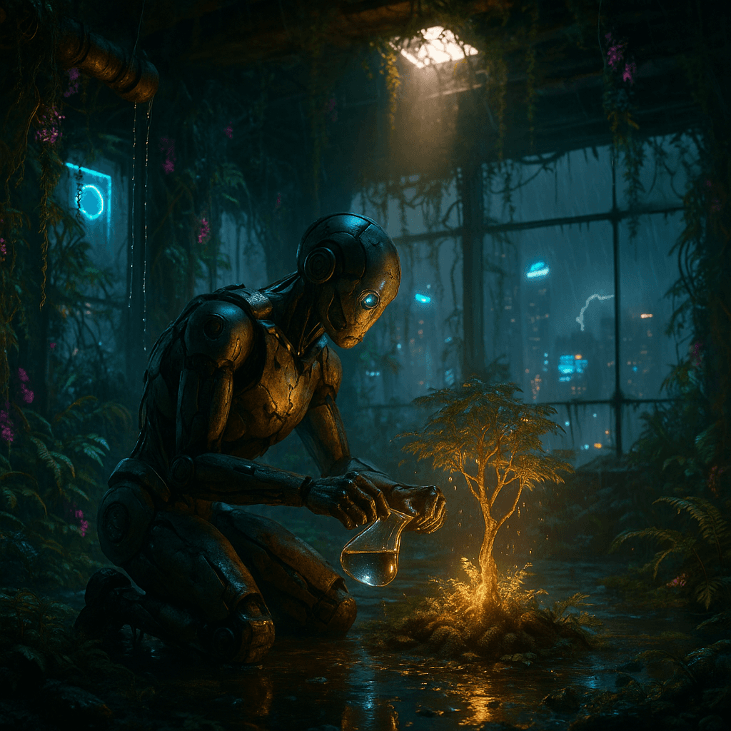 AI generated: *A hyper-detailed, photorealistic cinematic photograph of a hidden cyberpunk greenhouse inside a dec...