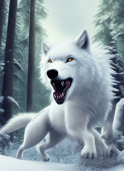 AI generated: surrealistic style rendering of a majestic white dire wolf ready to attack, in forest setting, snowy...