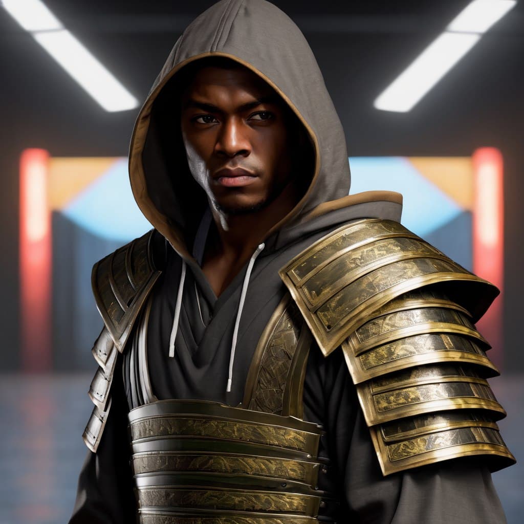 AI generated: epic realistic, an athletic handsome young african american man in a hoodie styled like (samurai arm...