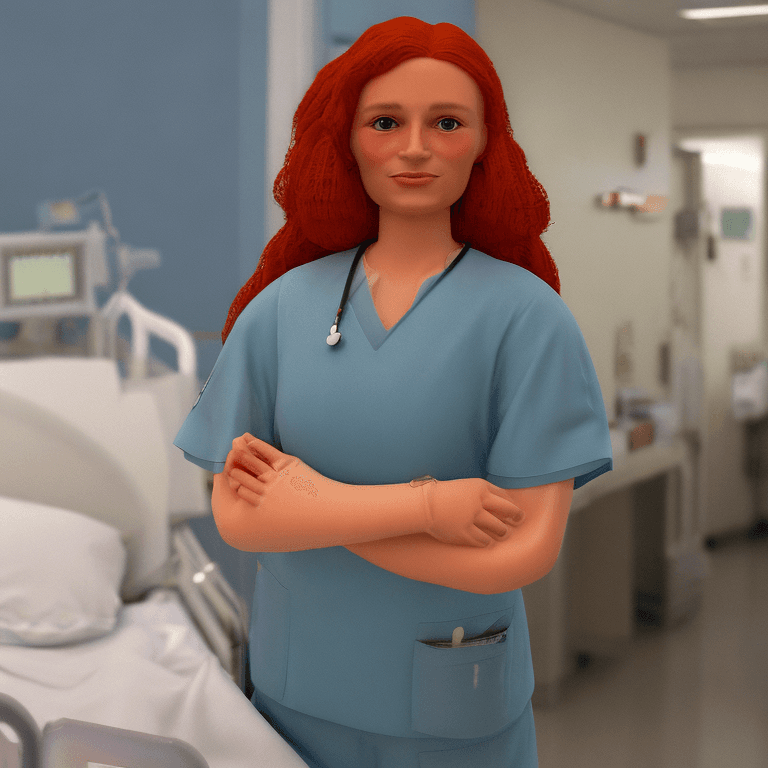 AI generated: Nurse in the Hospital, detailed Face, detailed Hair, detailed eyes,  cute, red Hair, Full Body, smil...
