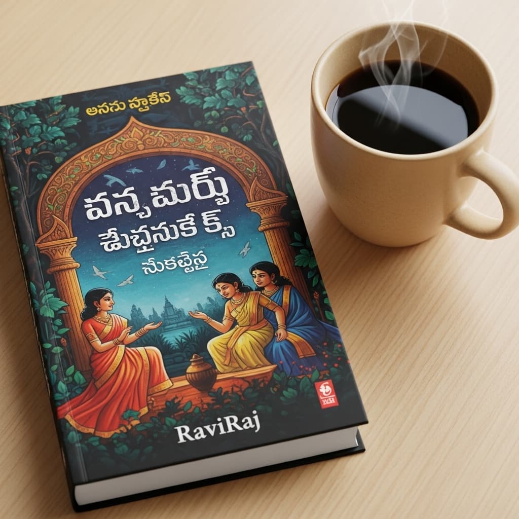 AI generated: A vibrant, close-up shot of the cover of the new Telugu book by raviRaj, with a coffee mug nestled a...
