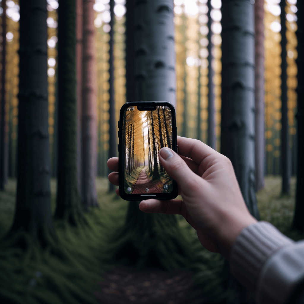 AI generated: A smartphone takes pictures of a smartphone photographing a picture with birch forest, dynamic compo...