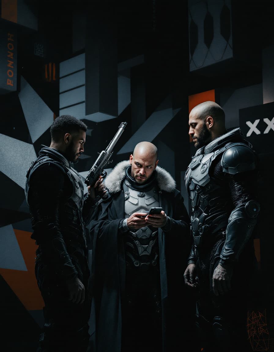AI generated: The  image  is  a  digital  art  piece  featuring  three  men  in  a  surrealistic  scene.  One  man...