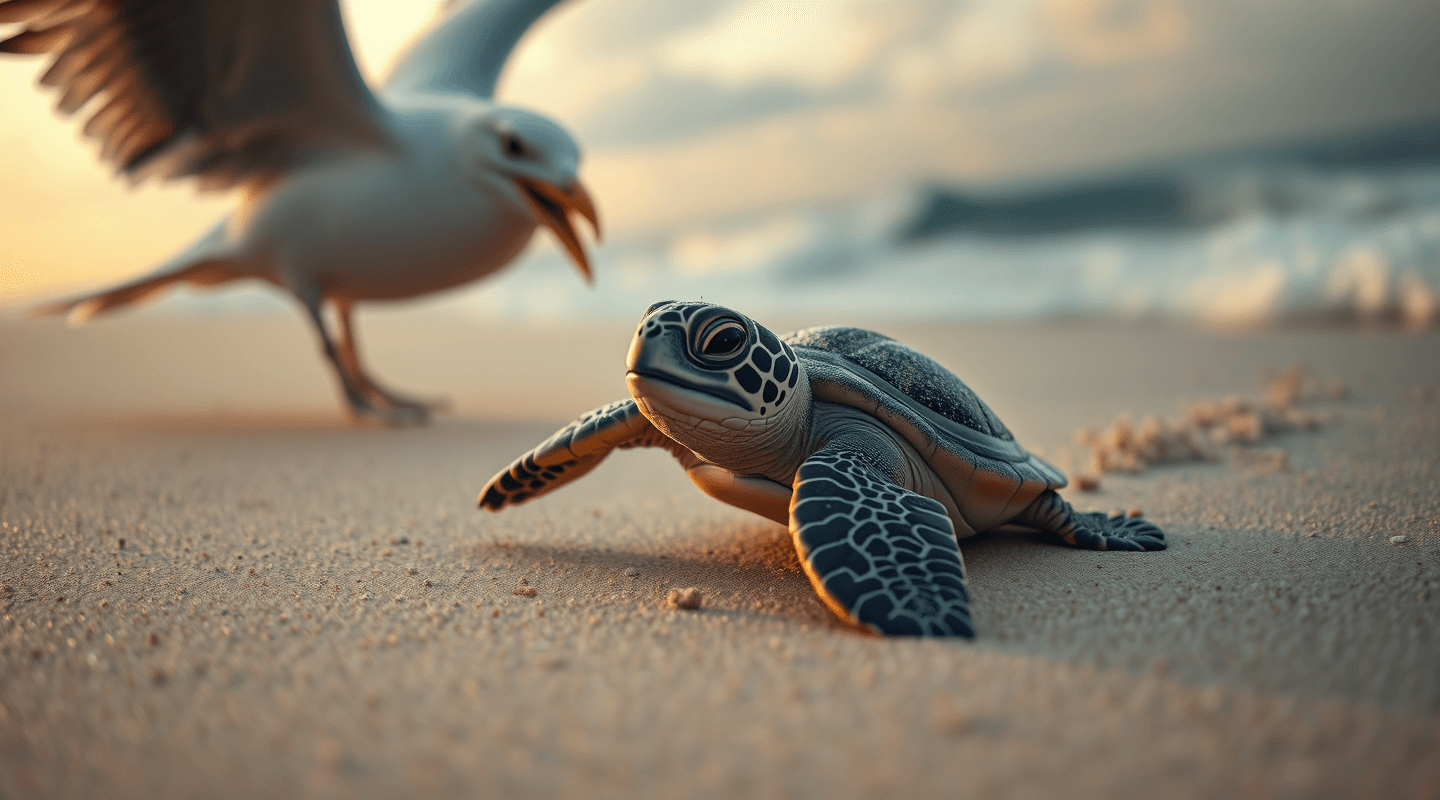 AI generated: 200mm photo of sea bed , realistic sand, a realistic and aesthetic baby turtle running away from a  ...