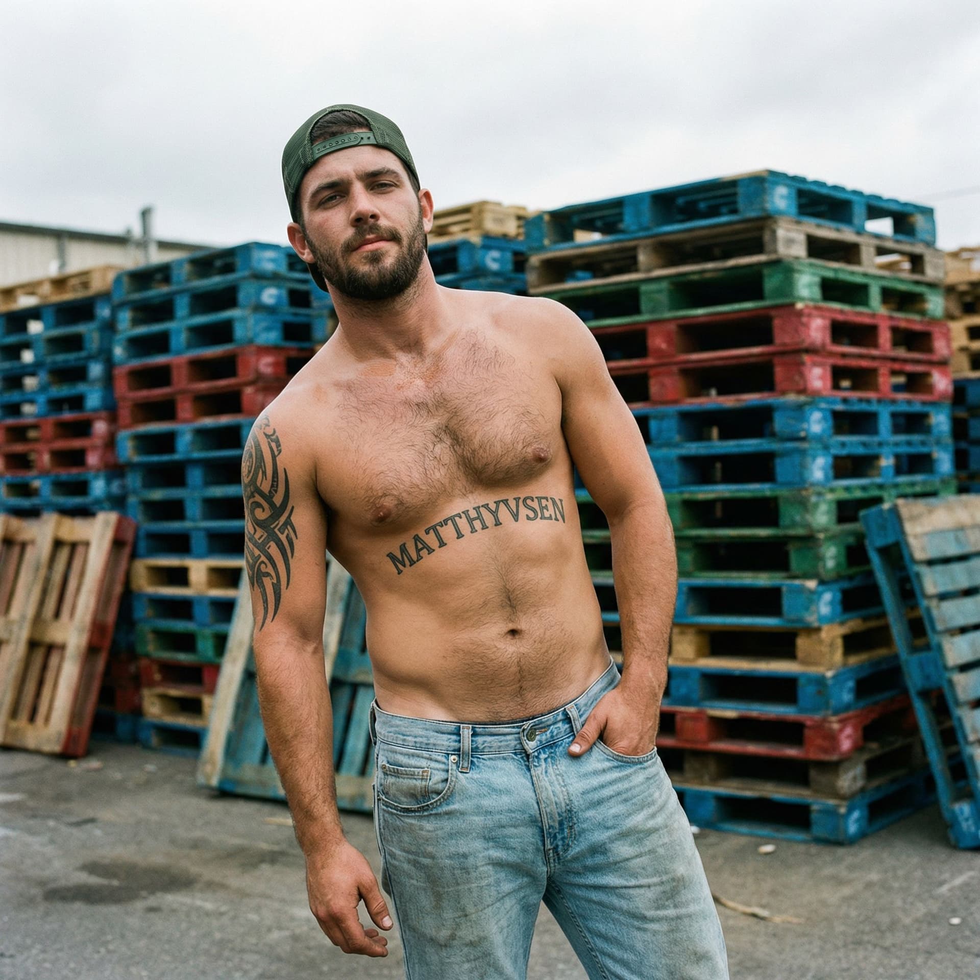 AI generated: Raw candid unposed photograph, natural spontaneous shot of a rugged 28-year-old white man with very ...