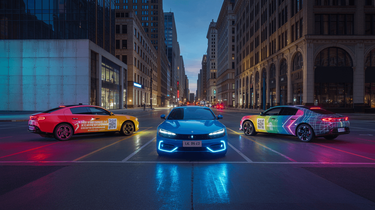AI generated: Futuristic downtown detroit, projection mapping on buildings and the street. RGB glows different col...
