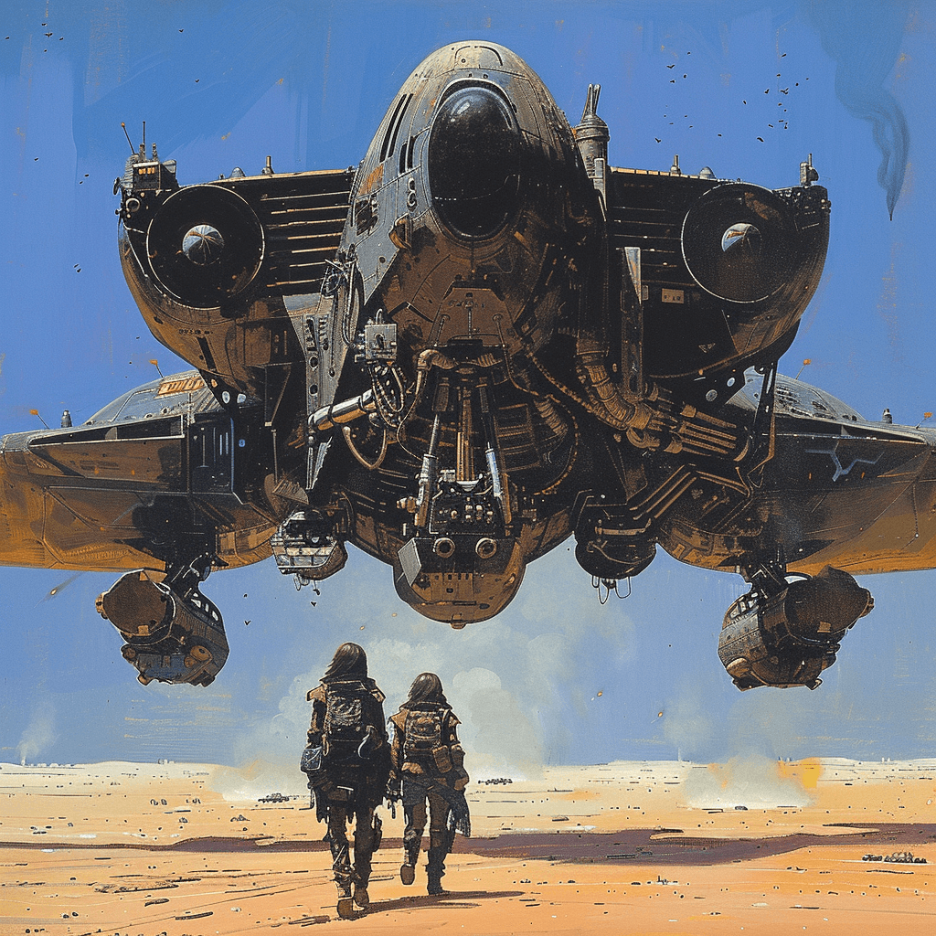 AI generated: 70s dark fantasy book illustration art in the style of Frazetta mecha spaceship with two people stan...
