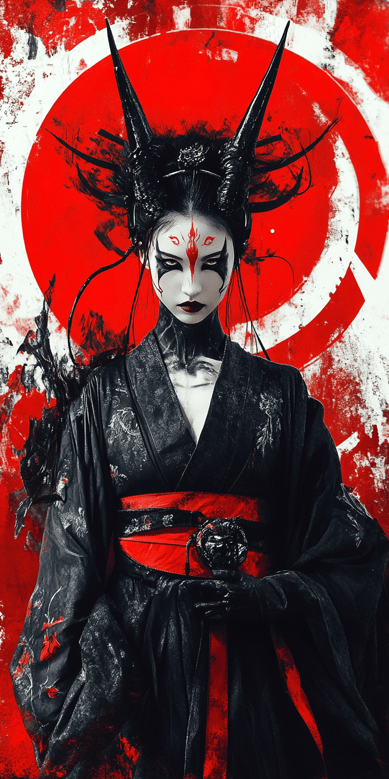 AI generated: A beautiful Japanese demon woman with horns and white face paint, wearing a black kimono, with red e...