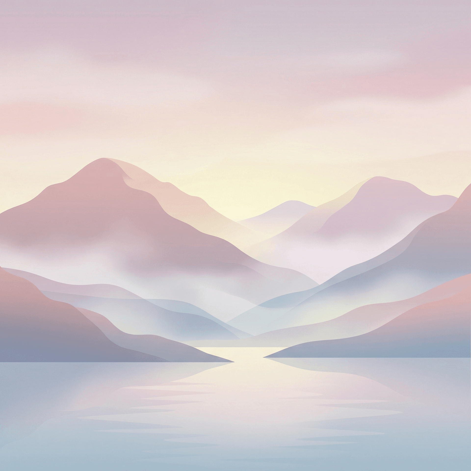AI generated: minimalist mountain landscape, soft pastel colors, misty valleys, calm and peaceful