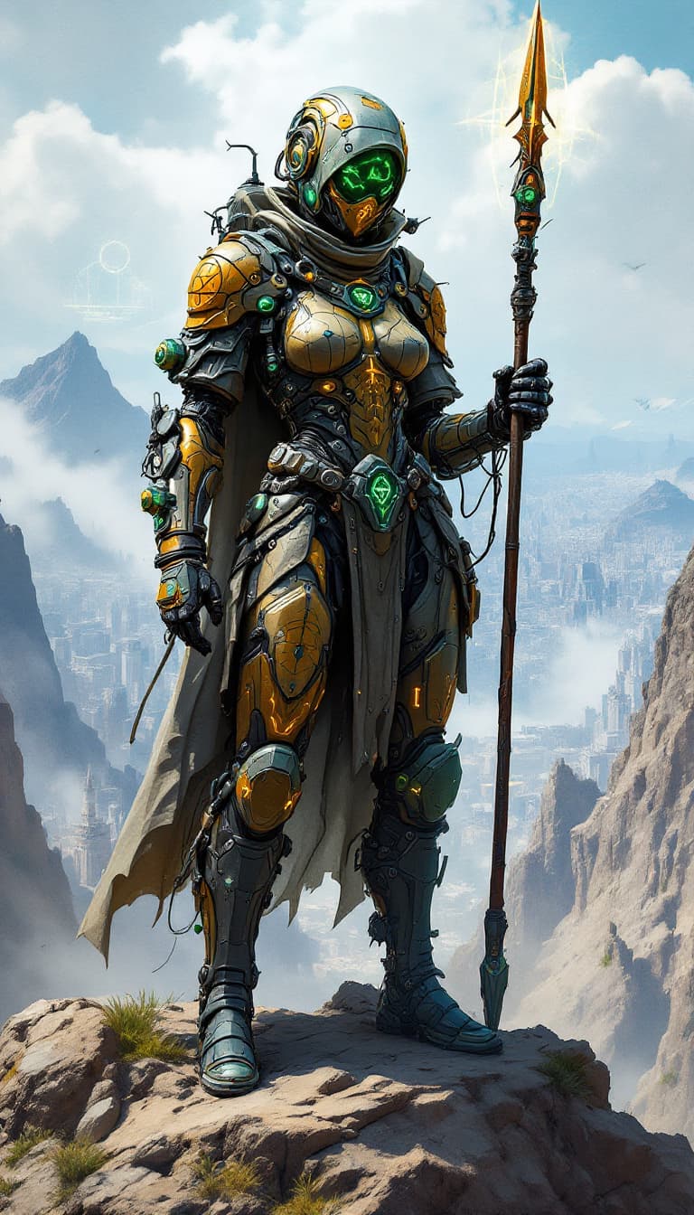 AI generated: Conceptual design: Cybernetic Geomancer from the Obsidian Peaks. This powerful graffiti-punk digital...