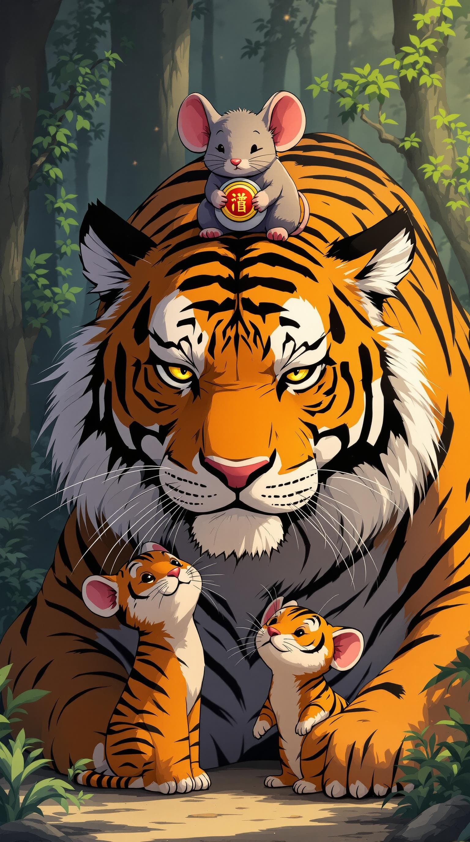 AI generated: a tiger and two tiger cubs, and a oversized mouse ,with a mouse on the tiger's head, the mouse holdi...