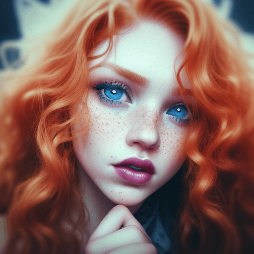 AI generated: grunge style photograph of ginger female instagram model close up, beautiful, long curly hair, notic...
