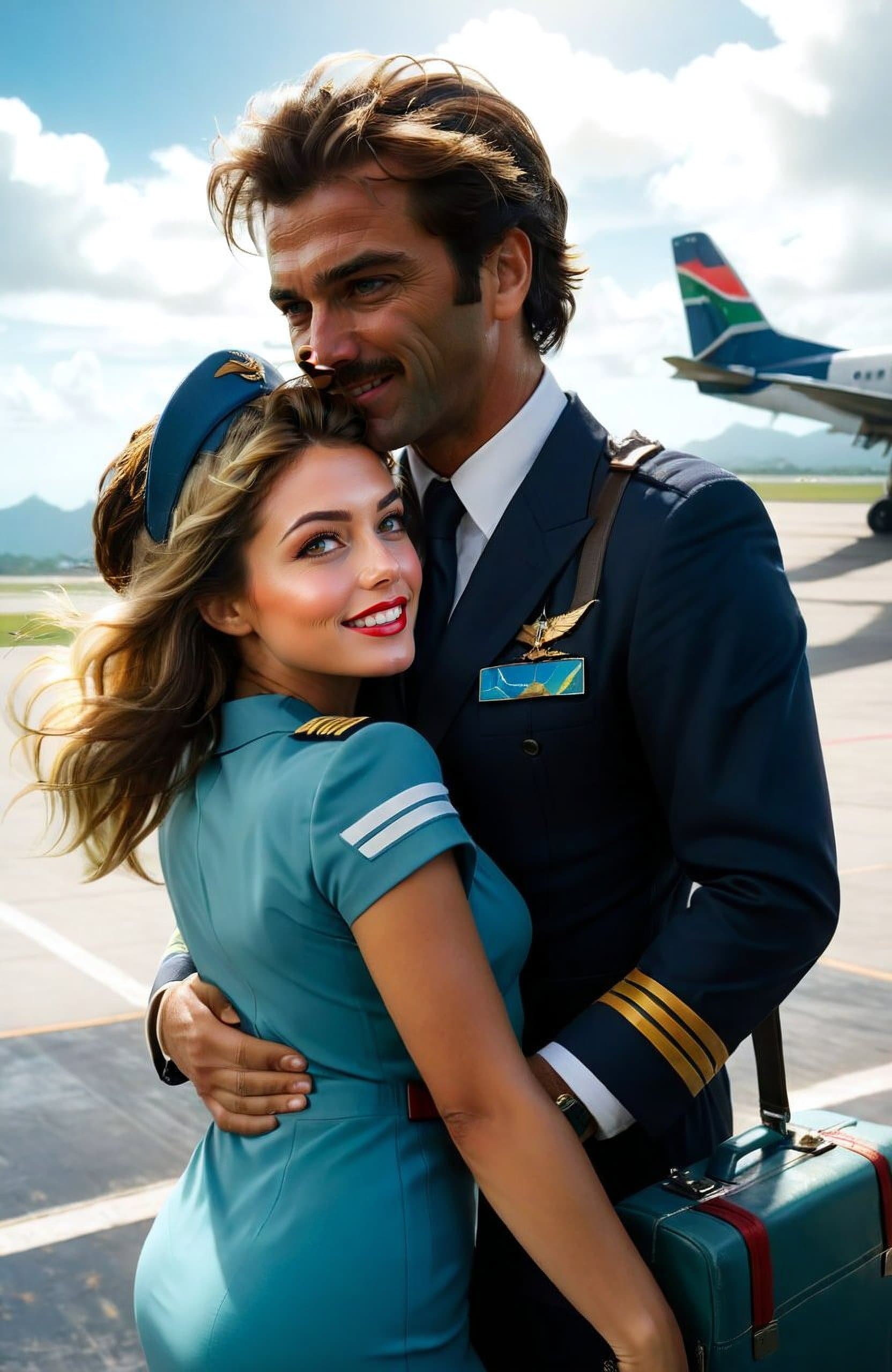 AI generated: action packed, Masterpiece, best quality, (Funny man| pilot of a civil aircraft stands in an embrace...