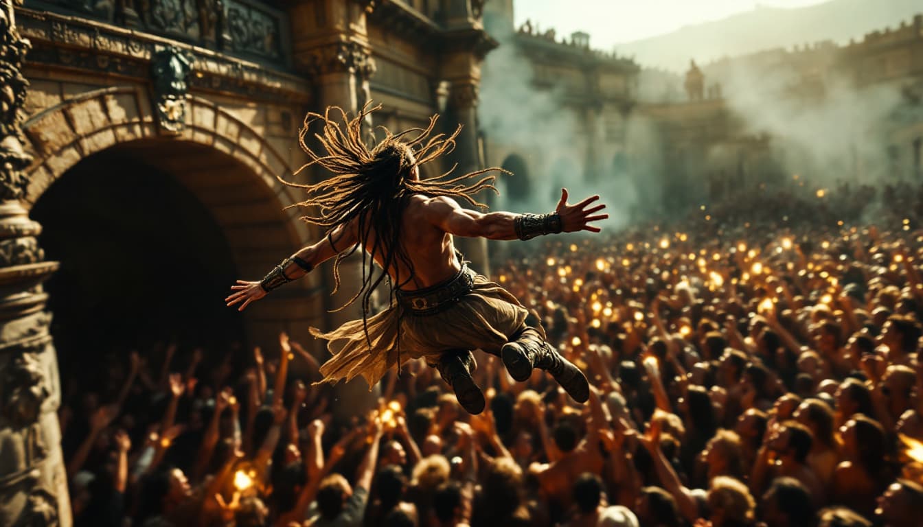 AI generated: Slow-Motion – The Lead Singer Jumping from a Roman Balcony into the Crowd (Dramatic Motion Shot, Hig...