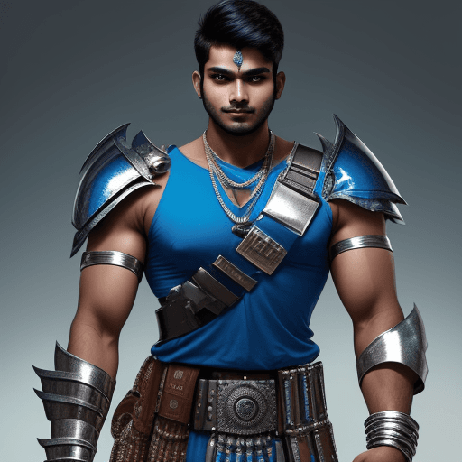 AI generated:  indian male age 26, broad shouldered, very muscular, 2 meters tall , chrome metal arms,  blue gaunt...