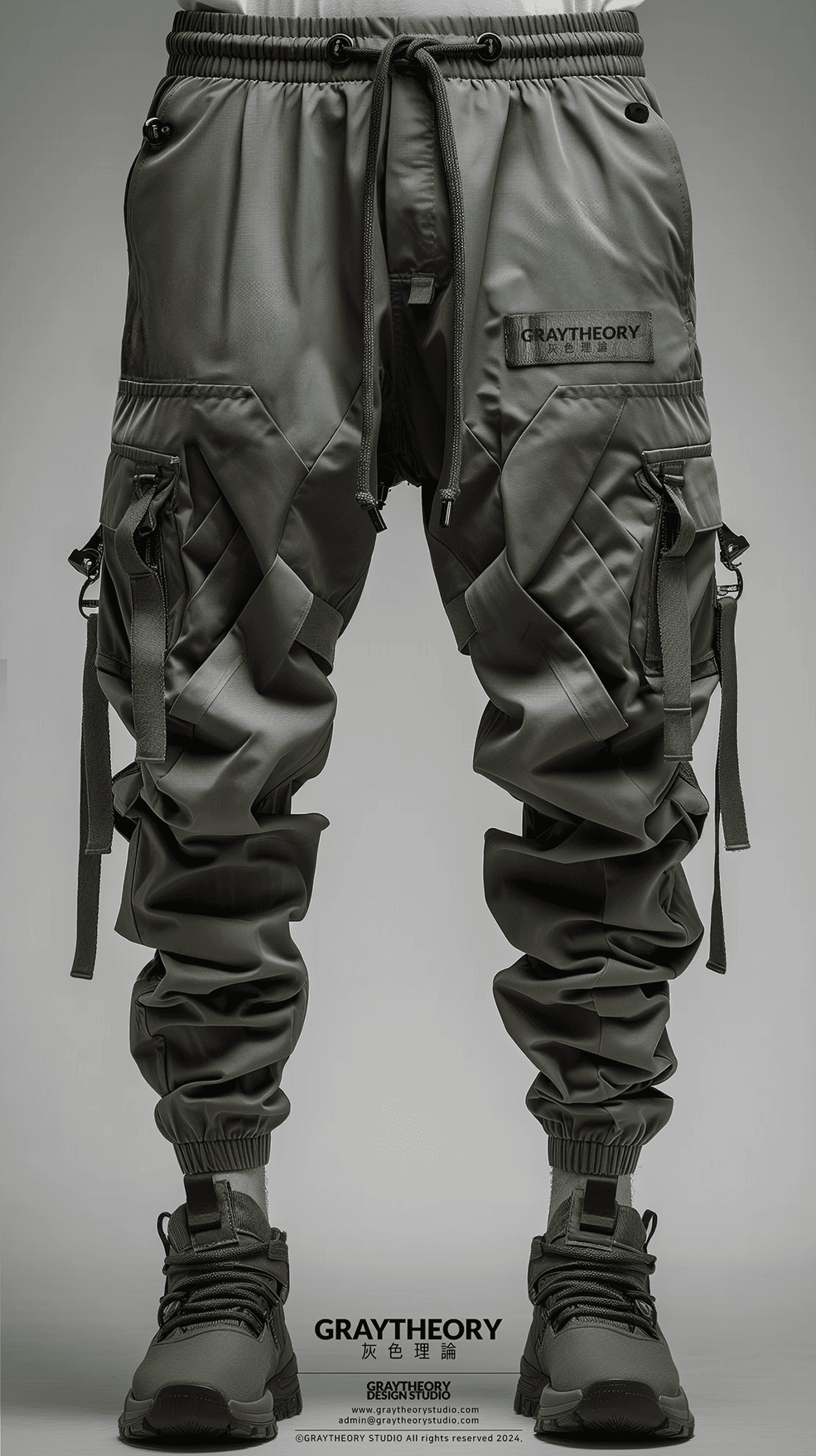 AI generated: Urban military minimal pants in subdued dark olive green, featuring diagonal seam designs and strate...