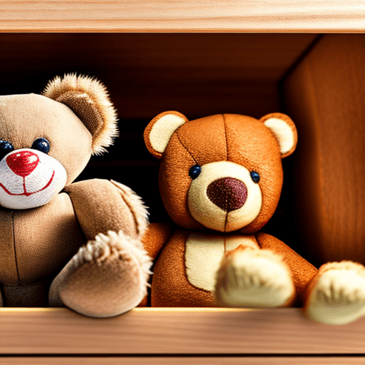 AI generated: view from 1 meter away of a large wooden toy box with one small puzzled teddy bear inside. high deta...