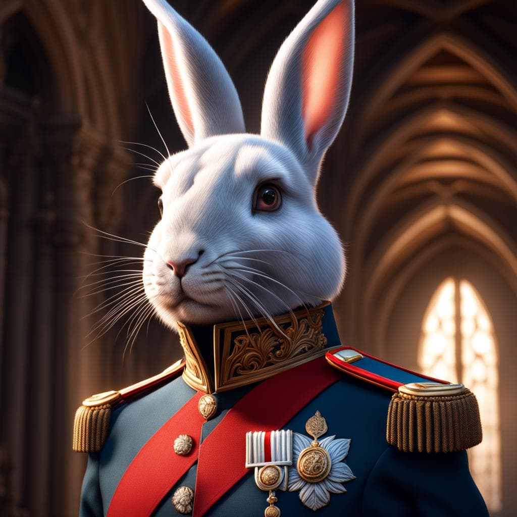 AI generated: Hyper detailed Portrait of an anthropomorphic rabbit guardsman, Wearing a royal guard uniform, by ar...