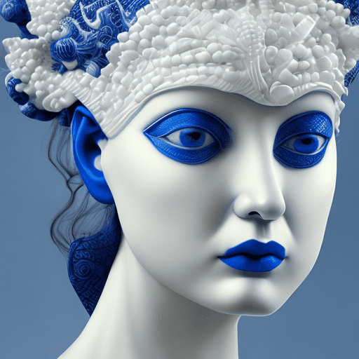 AI generated: a woman made out of porcelain, in the style of balanced symmetry, white and blue, detailed facial fe...