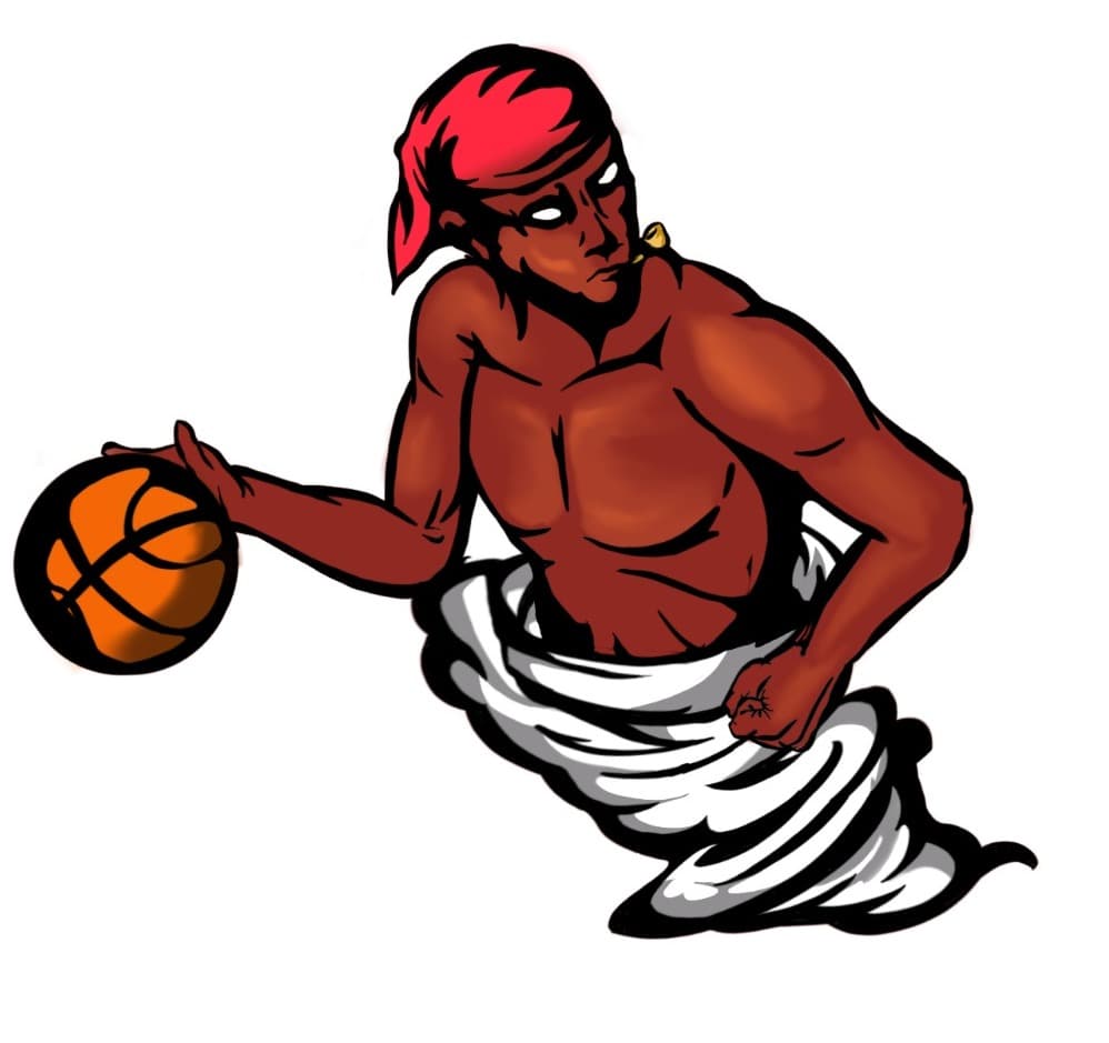 AI generated: A Black muscular man with red hat and yellow smoking pipe playing basketball inside tornado