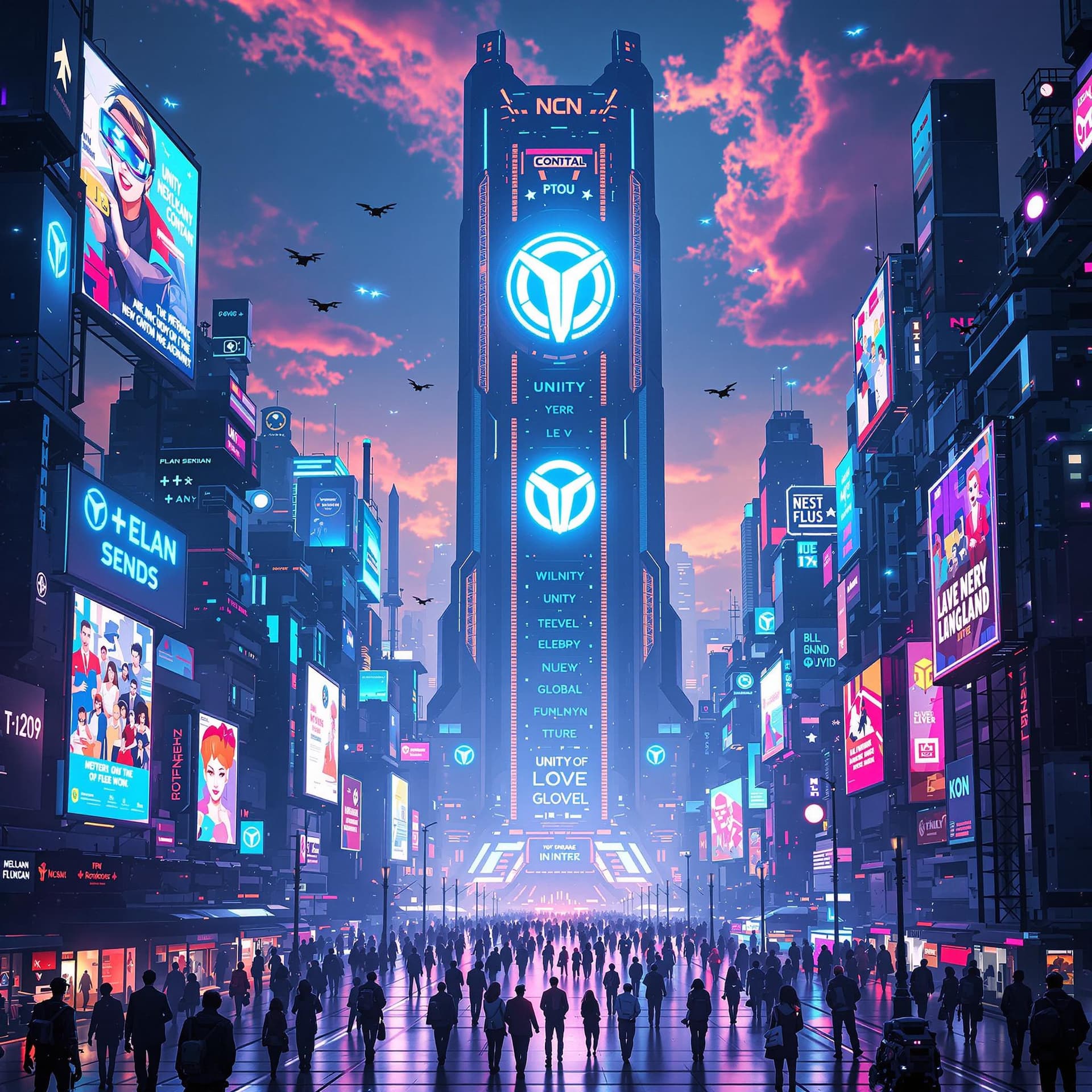 AI generated: A futuristic cityscape bathed in a neon glow, towering skyscrapers adorned with holographic symbols ...