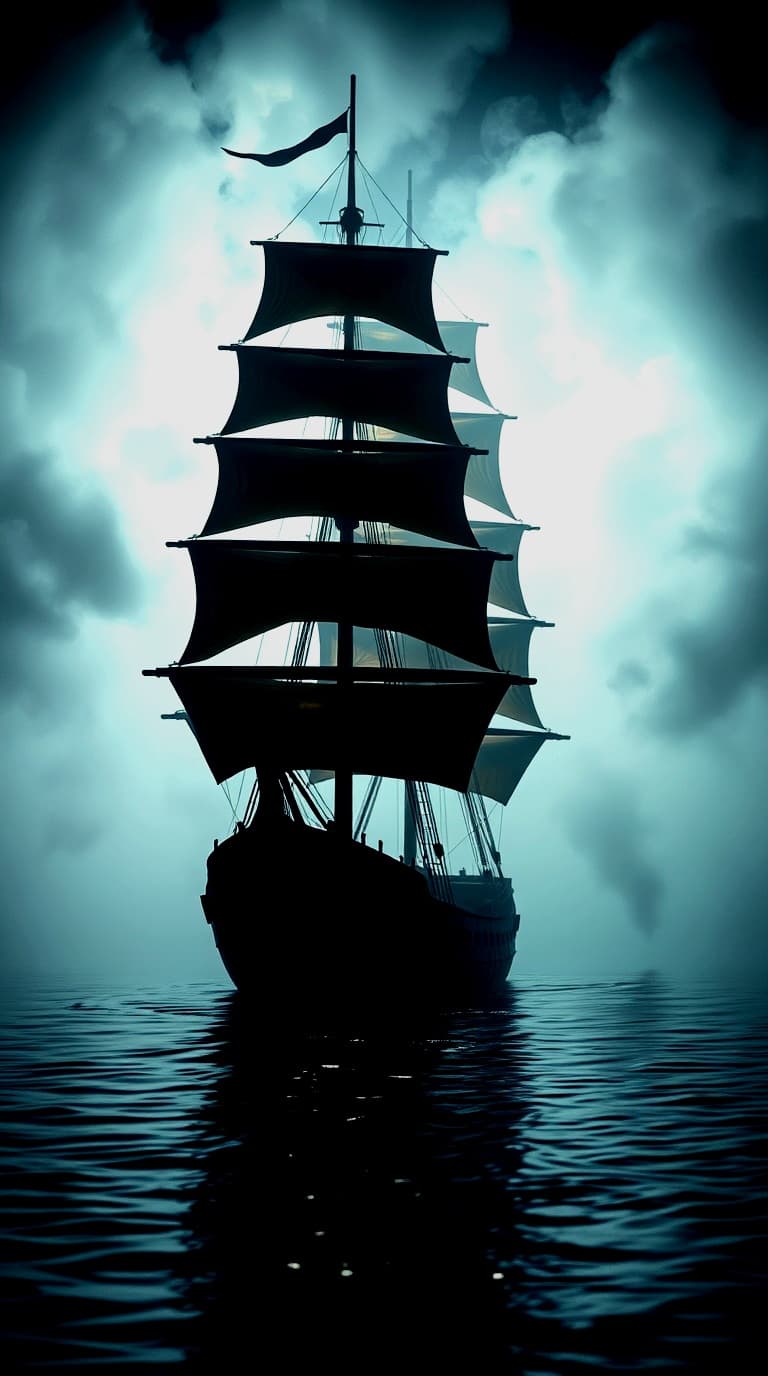 AI generated: A realistic photo of a ghostly silhouette of a tall ship emerges from a dense, swirling fog, its mas...