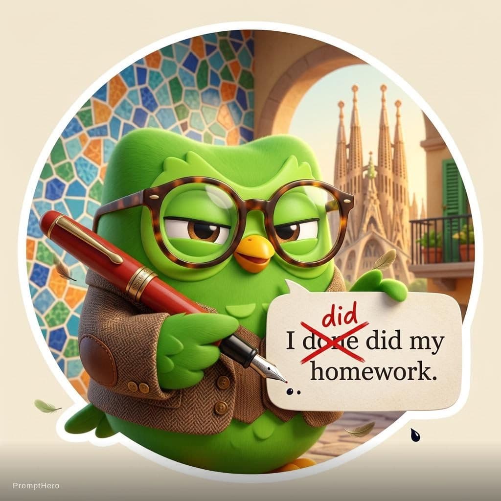 AI generated: A single cute chubby green cartoon owl with big expressive eyes, wearing thick-rimmed glasses and a ...