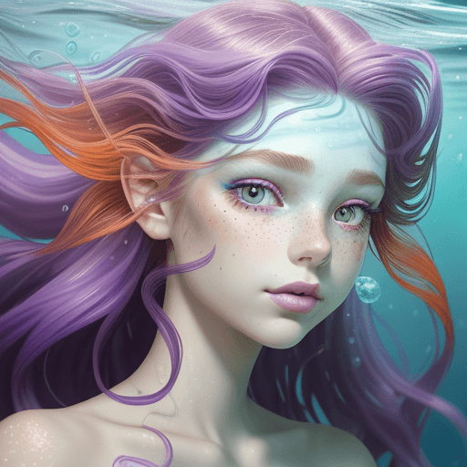 AI generated: Frontal portrait of a whimsical and colorful woman resembling a mermaid or siren. Fair complexion, y...