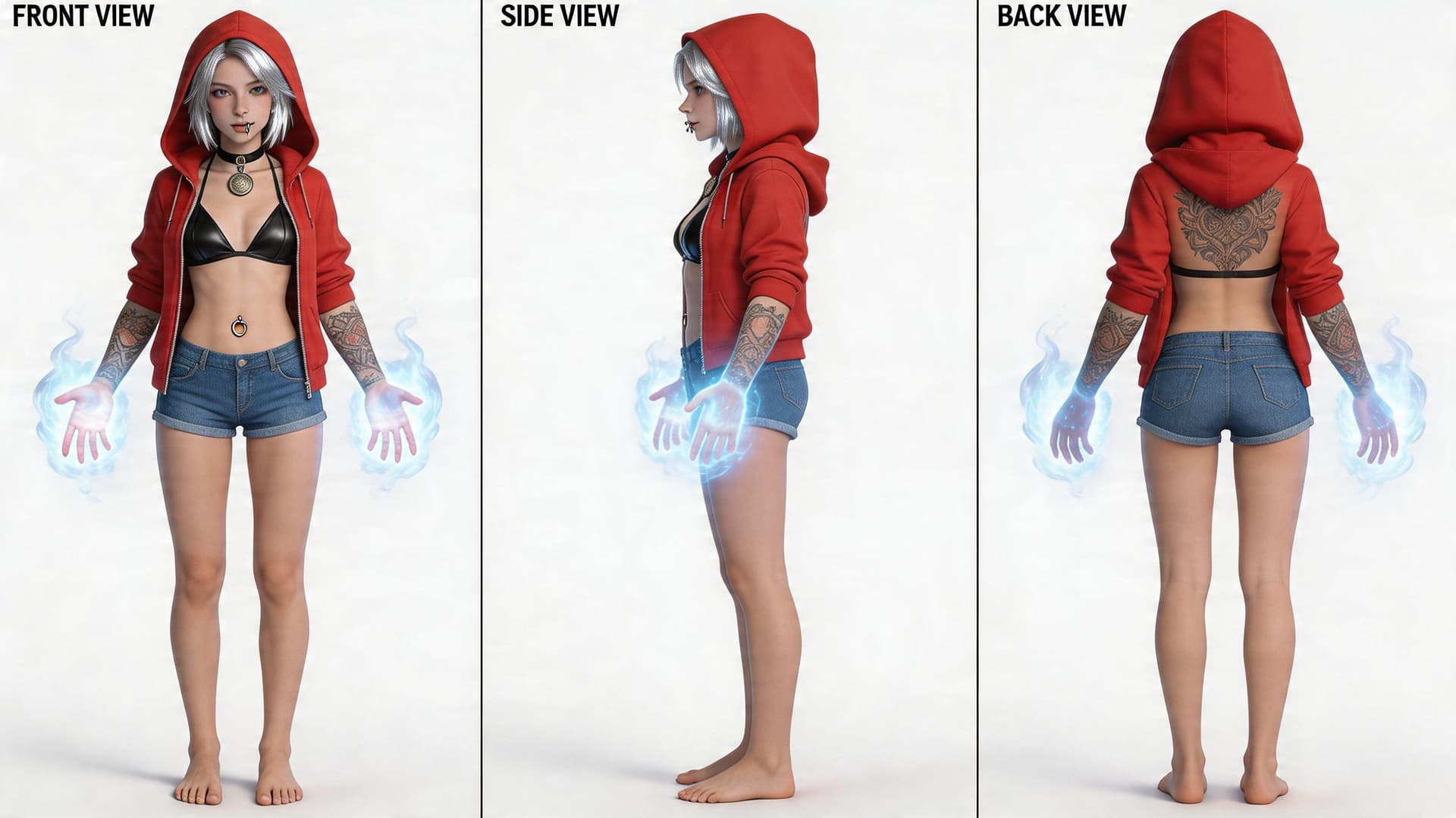 AI generated: A girl with short, shiny silver hair peeking out from under a stylish red hooded jacket, a black lea...