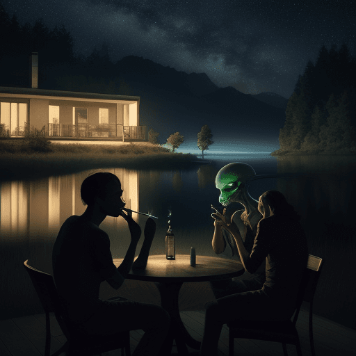 AI generated: capture a beautiful shot of a alien smoking cigarette with other humans in the house near a lake whe...