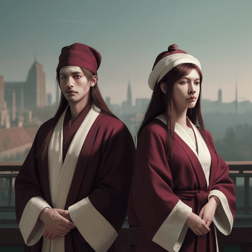 AI generated: a picture of two people, wearing cloth hats and robes, in the style of realistic animal portraits, u...