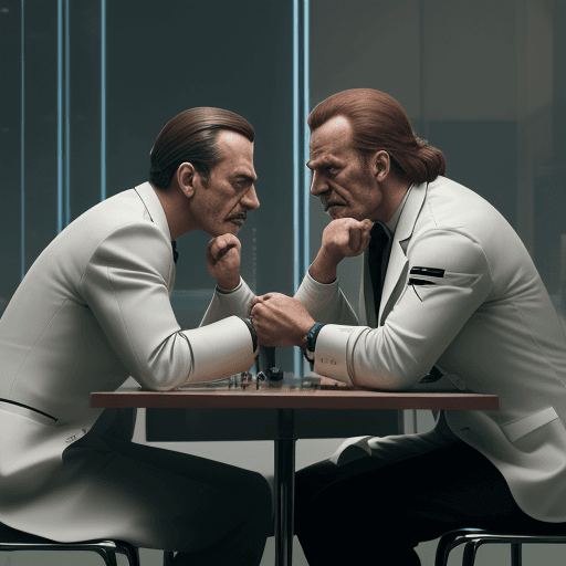 AI generated: doctor and man made of  bateria and virus sitting arm wrestling each other, cinematic, 8k, AD magazi...