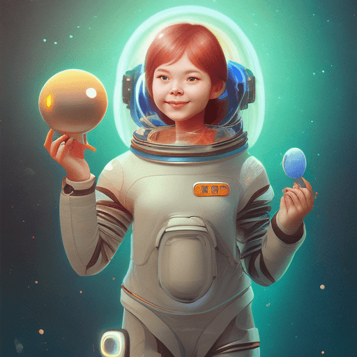 AI generated: a girl in a space suit holding a glowing object, by Russell Dongjun Lu, cute monster character desig...