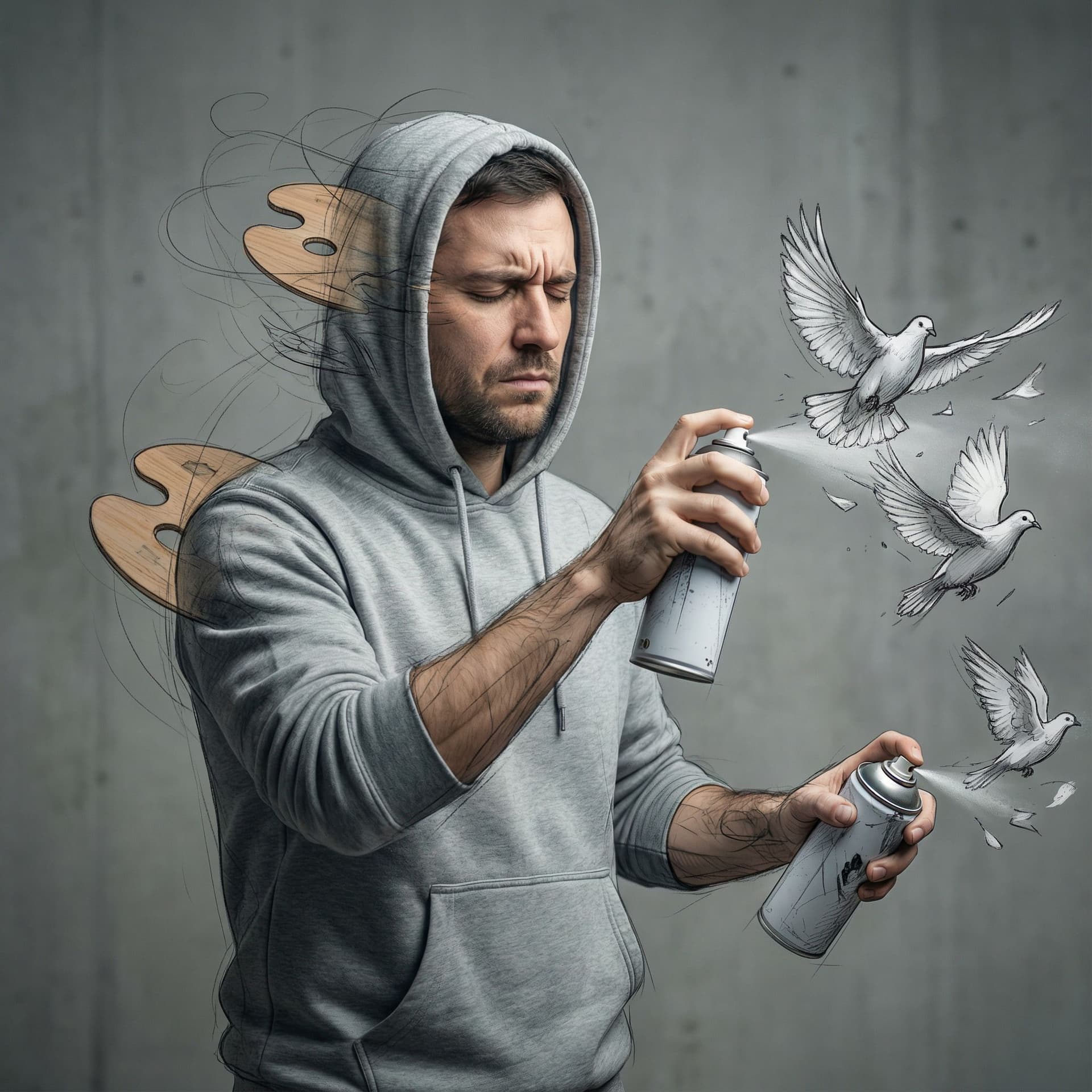 AI generated: a man struggling with inner conflict, blending reality with hand-drawn sketch effects. The man, wear...