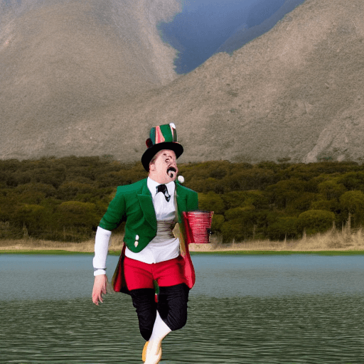 AI generated: drunk four legged Juggler without beard in shorts and jacket with dark green and scarlet red stripes...