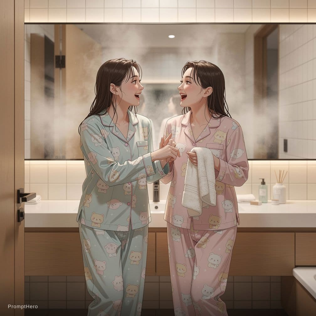 AI generated: 2 Chinese twins on her 20's came out of shower, teasing each other with open pajamas.