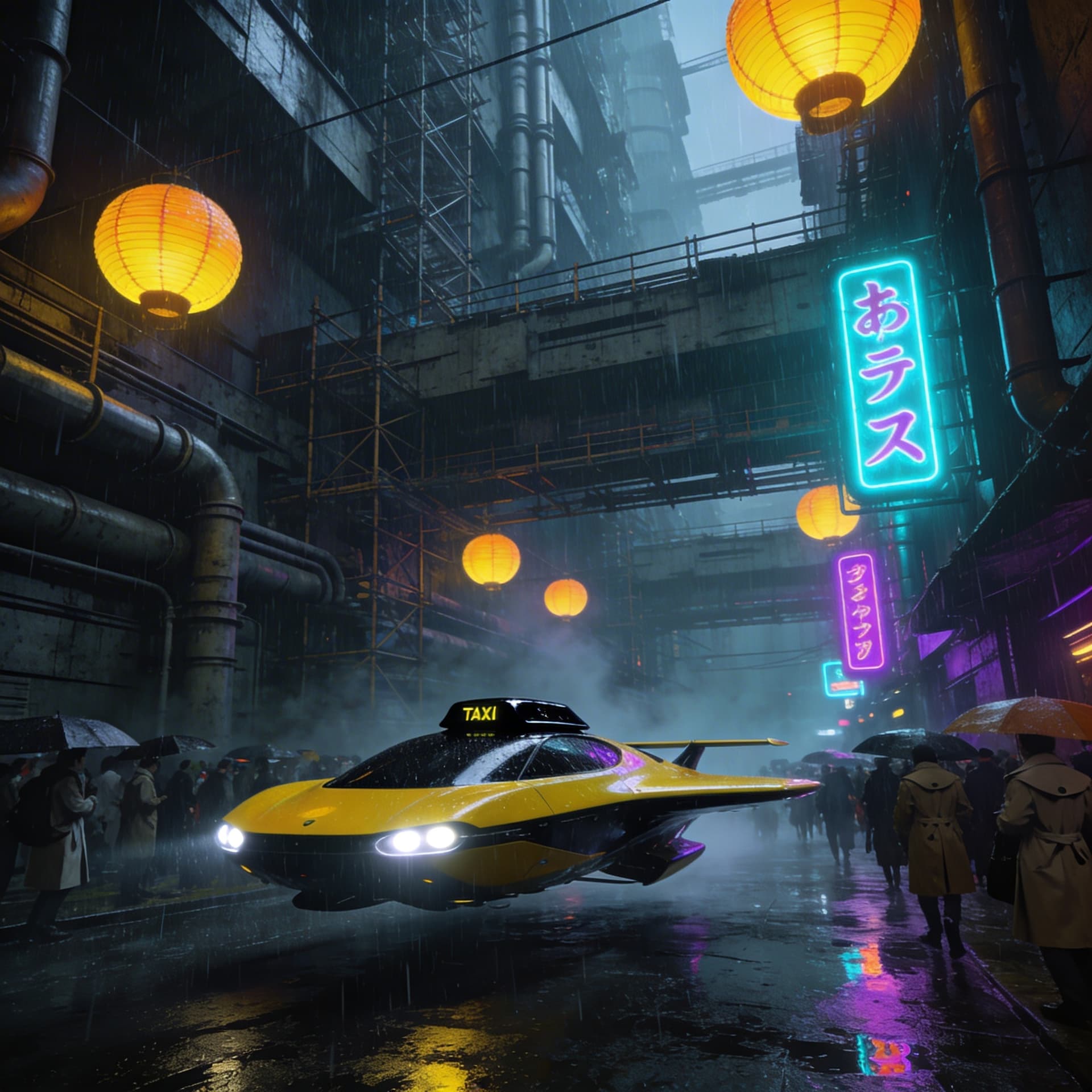 AI generated: A dense, rain-drenched cyberpunk alley at night in a futuristic Japanese megacity, heavy downpour wi...