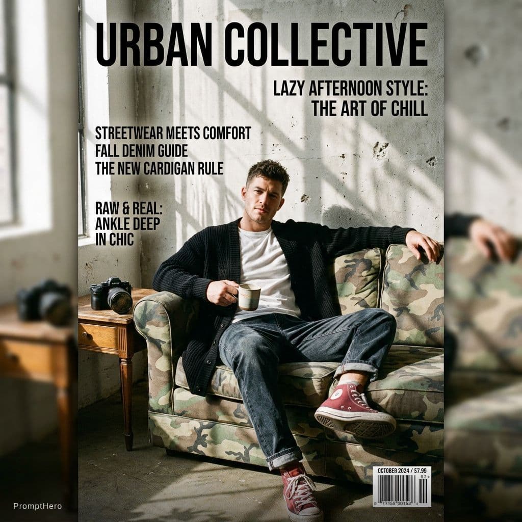 AI generated: photography, magazine cover, tilt shot, male model lounging on a worn camouflage sofa, casually dres...