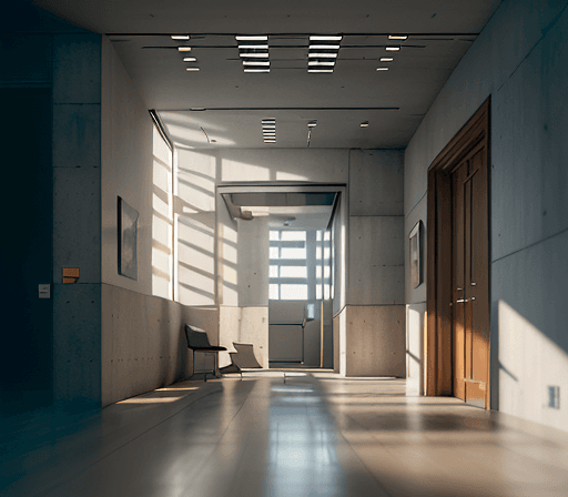 AI generated: hyperrealistic photograph of the interior of a hallway of a building in which you can see a wall wit...