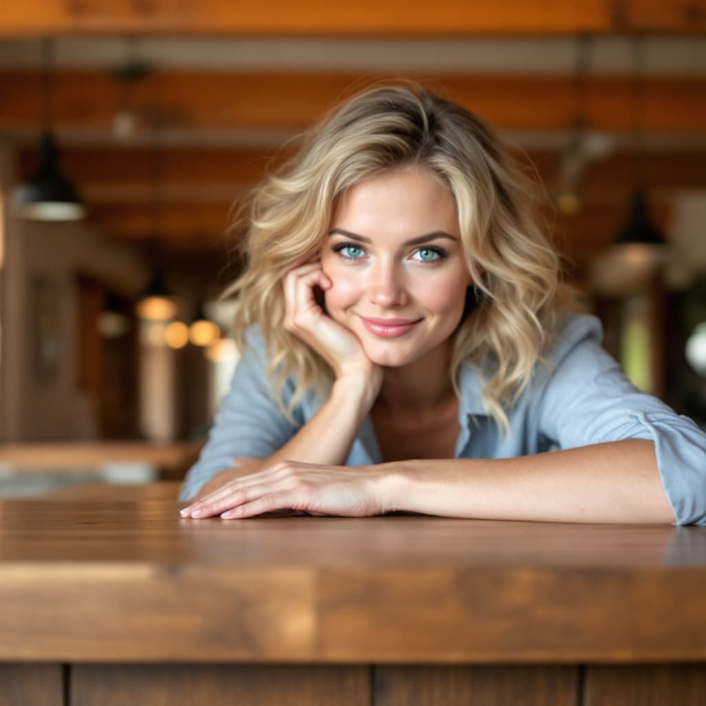 AI generated: Portrait of a blonde woman with wavy hair, wearing a light blue shirt, leaning forward on a wooden t...