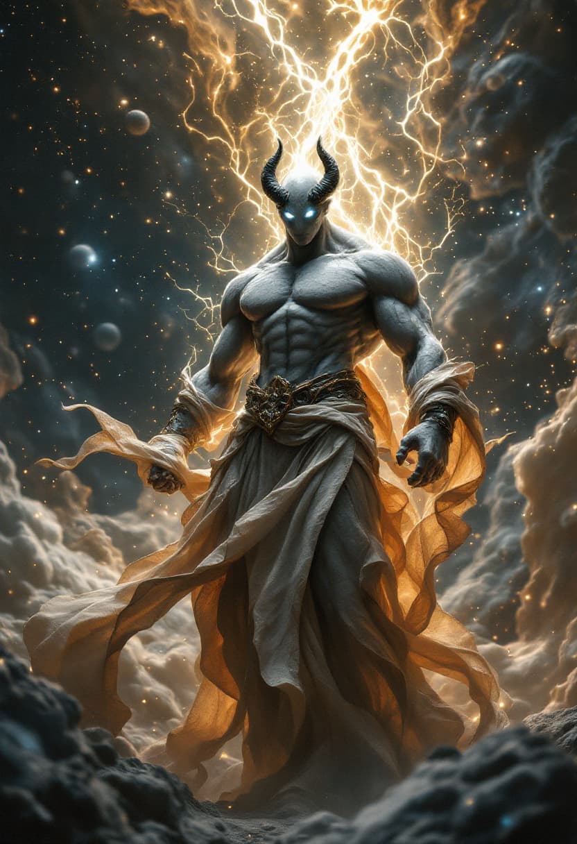 AI generated: God of Health, full-body, Etherial, muscular, No mouth, hair or Beard, Glowing white eyes, epic, cin...